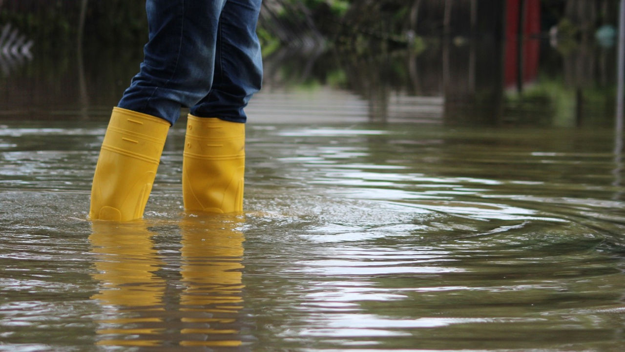 Yellow gumboots wading in flood water