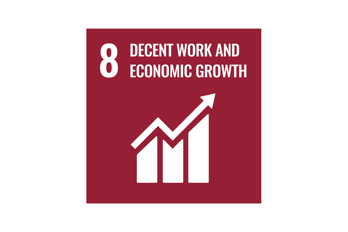 Graphic of a upwards trending bar graph with a heading reading "number eight, decent work and economic growth".