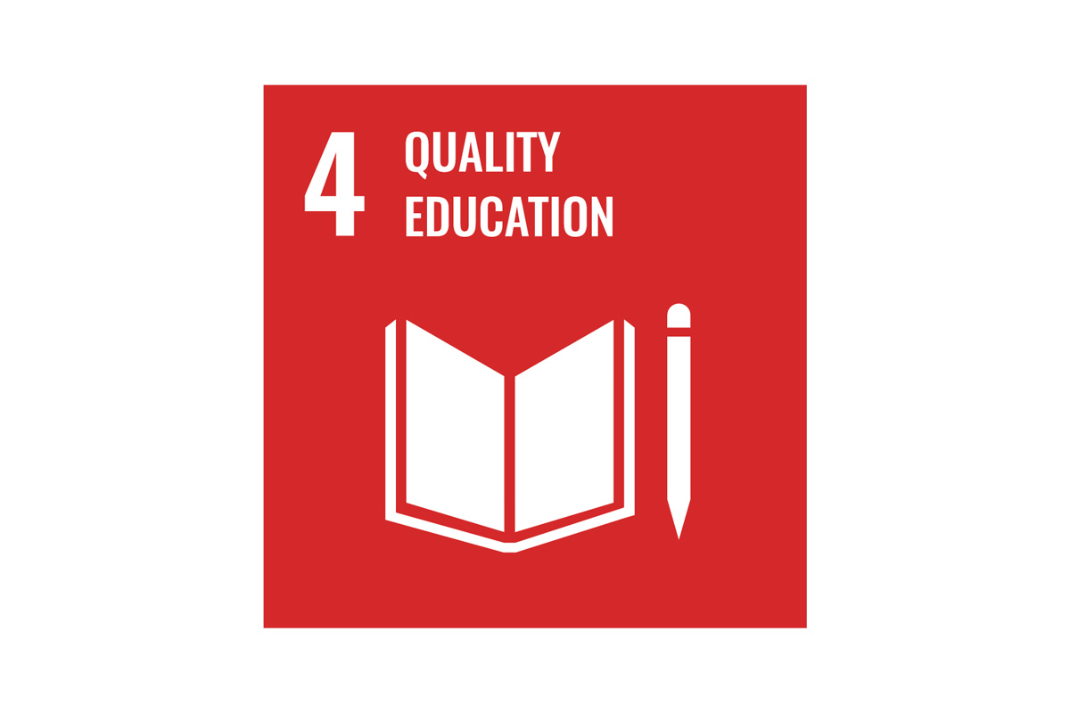 Graphic of an open book and pencil with a heading reading "number four, quality education".